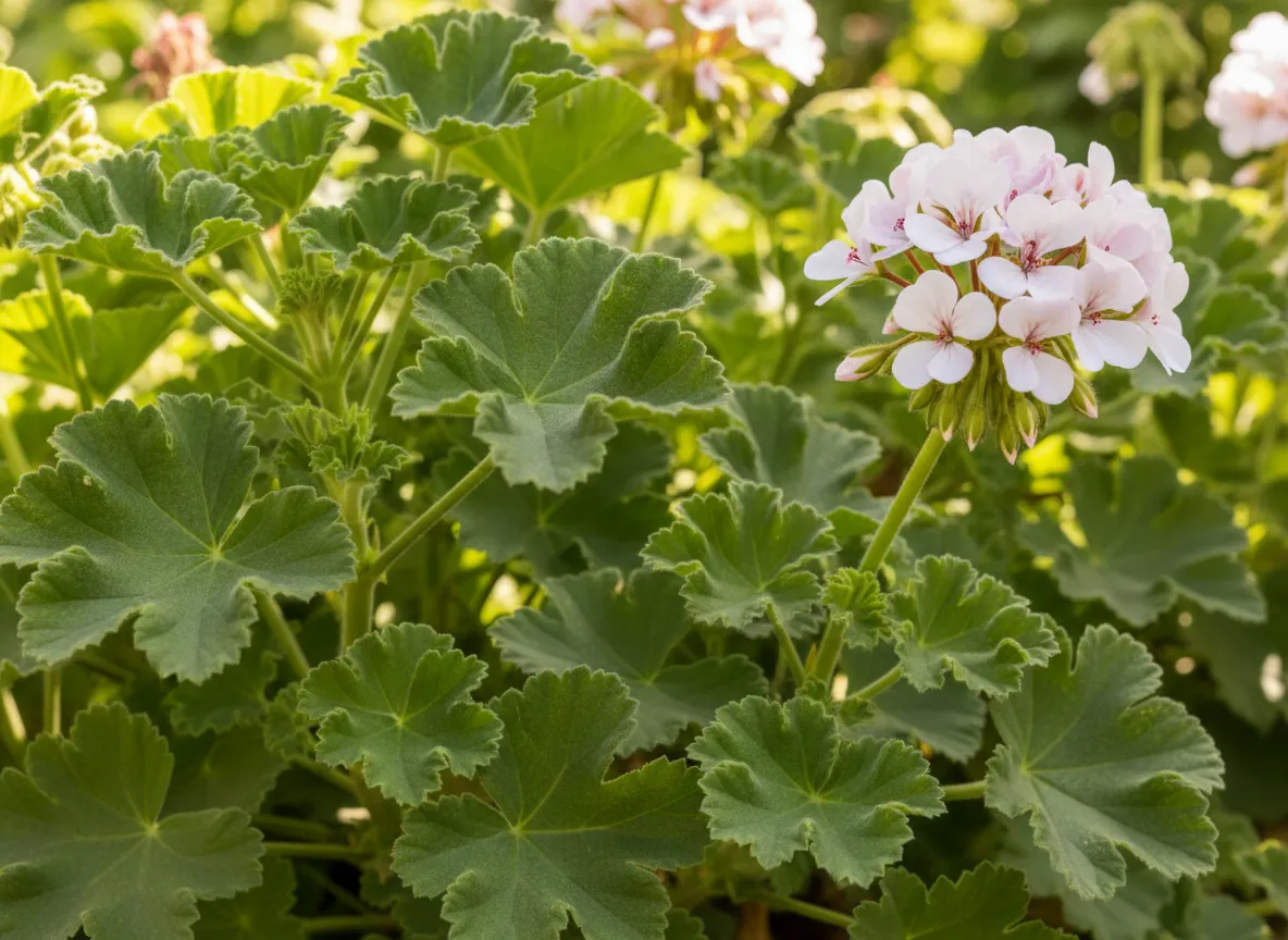 Rose geranium foliage with deeply lobed leaves growing in a field row