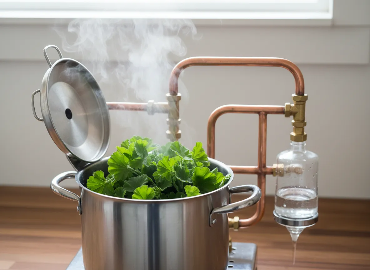Fresh geranium foliage packed into a still with steam rising in a distillery